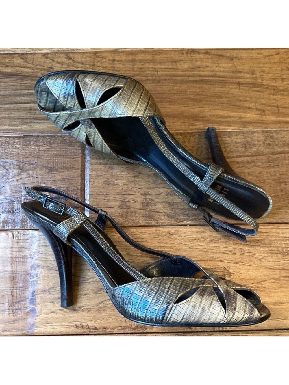 Stuart Weitzman Croc Embossed Brown Peeptoe Slingback Heels Size 7.5
